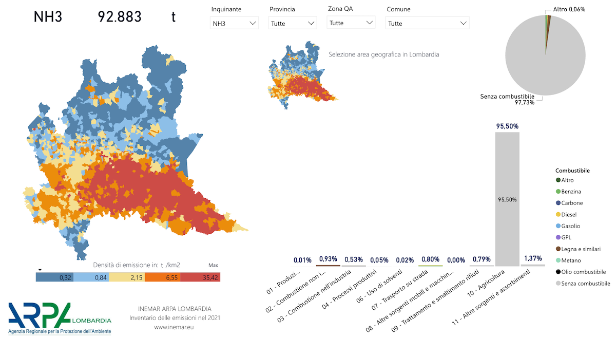Mappa delle emissioni annuali di ammoniaca di regione Lombardia registrate dall'Inventario Regionale di Emissioni in Atmosfera del 2021